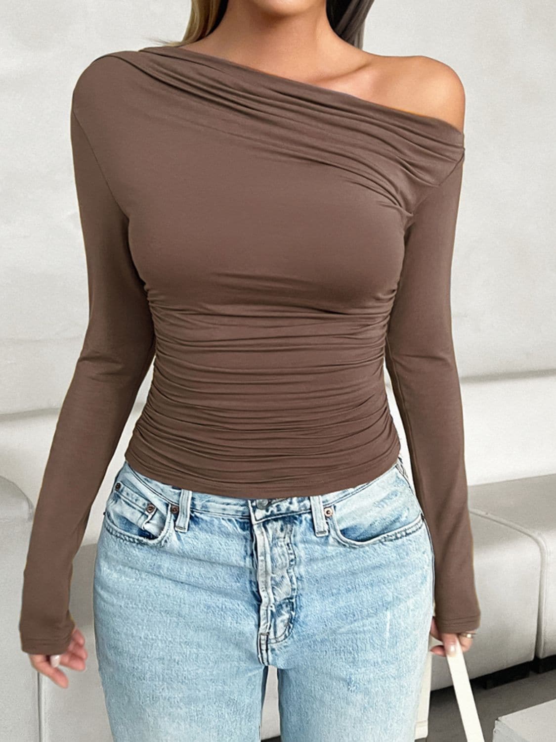 Ruched One Shoulder Long Sleeve T-Shirt.