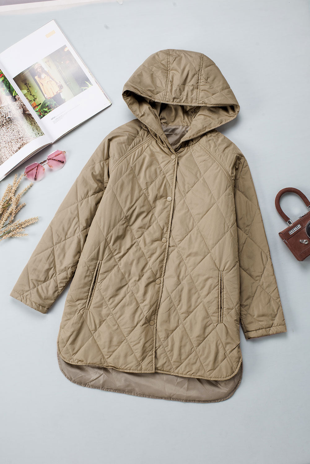 Khaki Quilted Hooded Puffer Coat With Snap Button Closure For Cold Weather Winter Outerwear For Women Dear-Lover Dropshipping