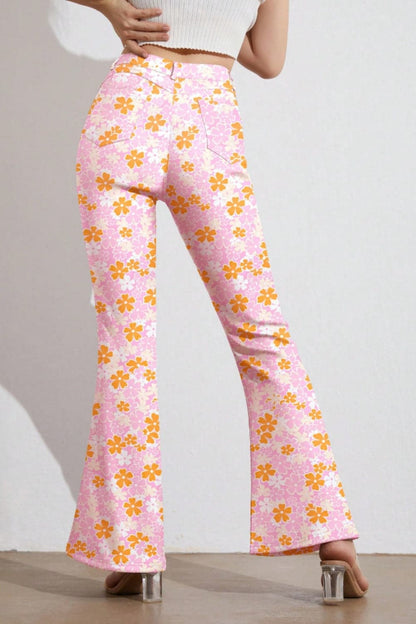 Stylish Printed High-Waisted Flare Trousers with Convenient Pockets