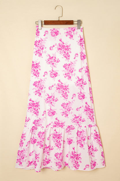Rose Boho Floral High Waist Ruffle Split Maxi Skirt for Women