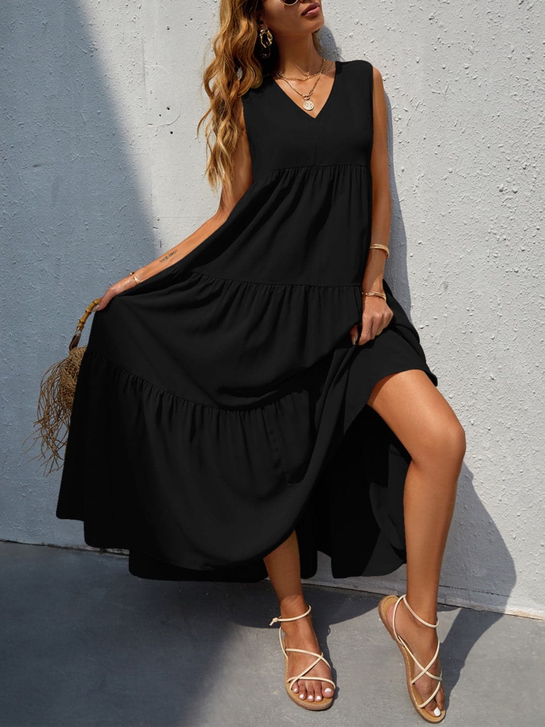 Tiered V-Neck Sleeve Dress.