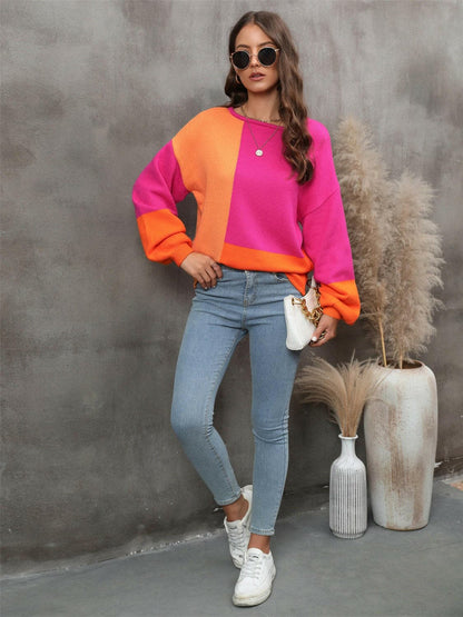 Color Block Round Neck Sweater.