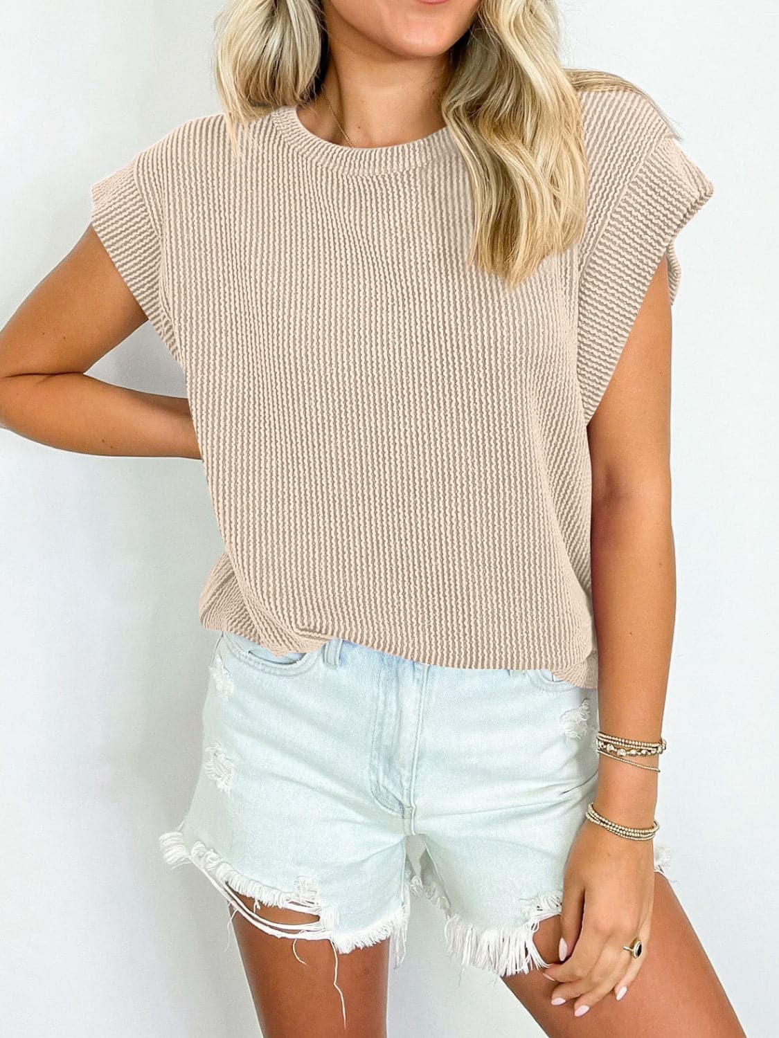 Textured Round Neck Cap Sleeve Blouse.