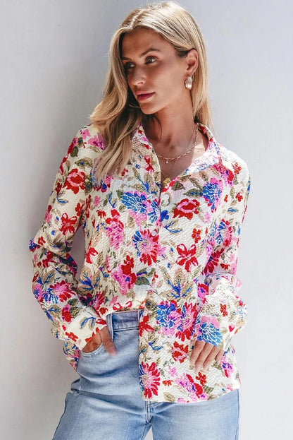 Floral print collared long sleeve blouse