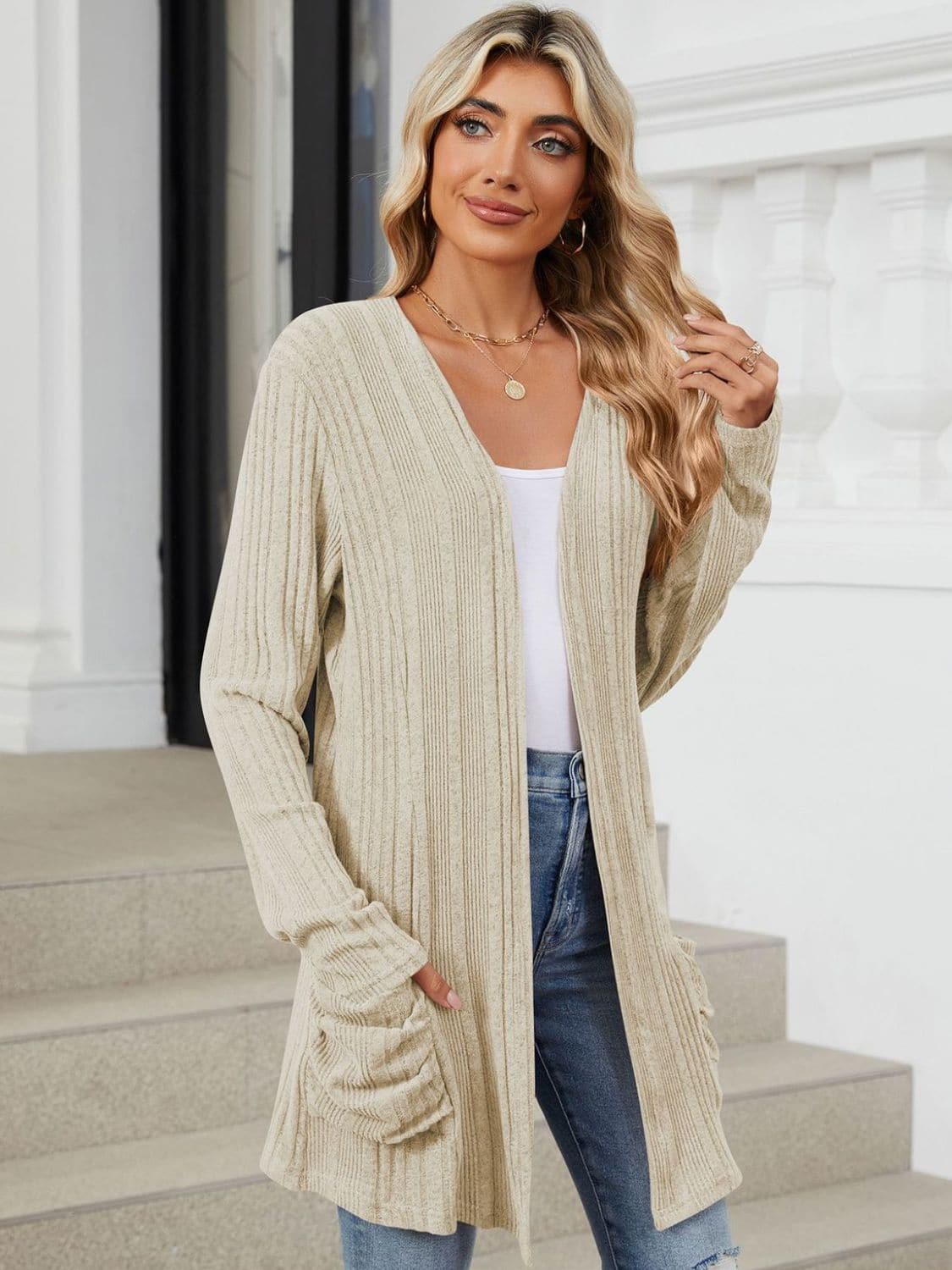 Pocketed Open Front Long Sleeve Cardigan.