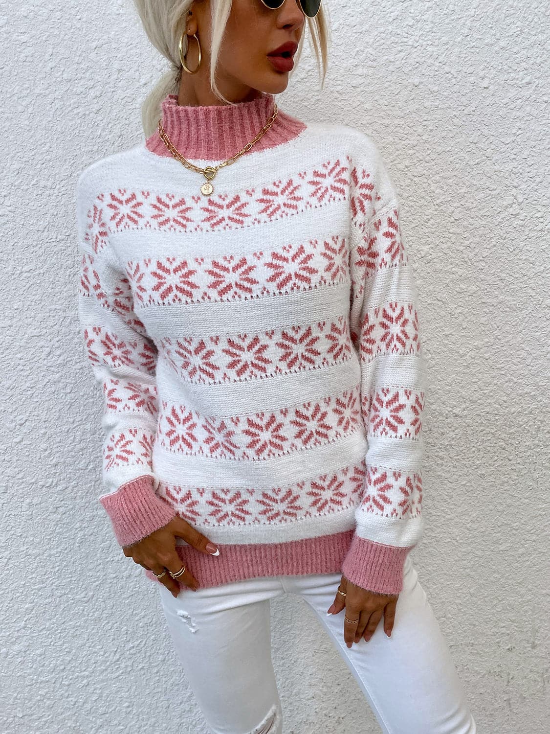 Snowflake Pattern Mock Neck Sweater.