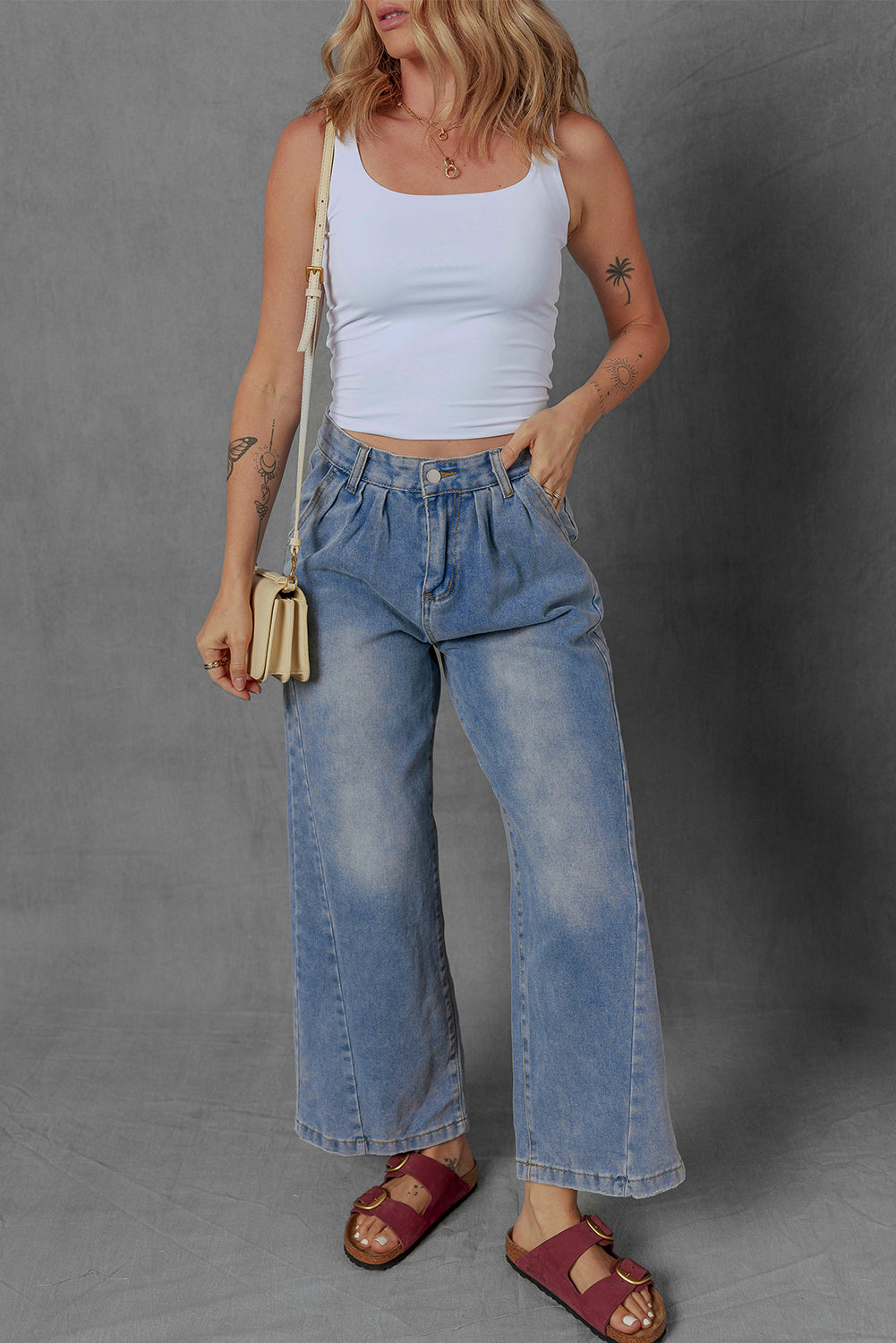 Love Salve  Ashleigh Blue Washed Pleated Detail Wide Leg Love Salve