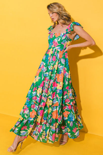 Green Floral Print Sleeveless Ruffle Tiered Maxi Dress Delight