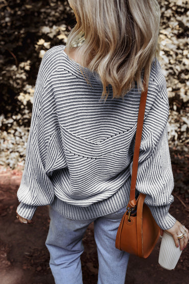 Ashleigh Blue Striped Ribbed Knit Baggy Boat Neck Sweater