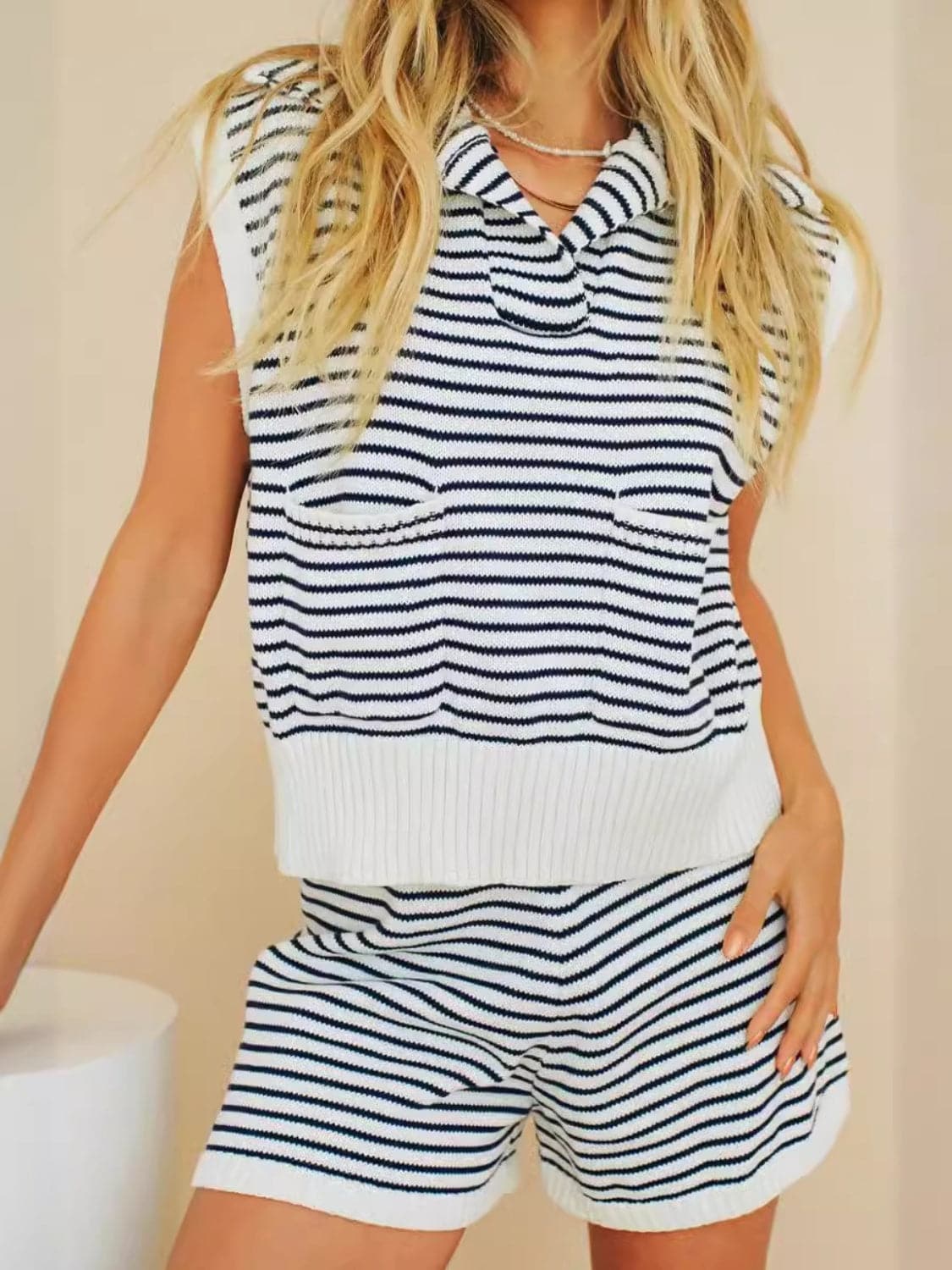 Striped Cap Sleeve Top and Shorts Sweater Set.