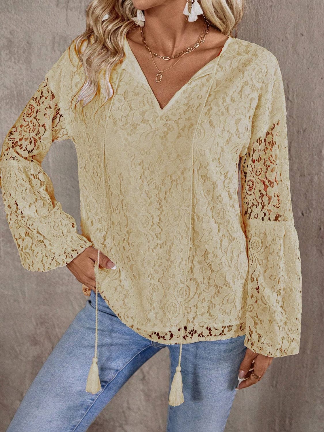 Lace Tie Neck Long Sleeve Blouse.