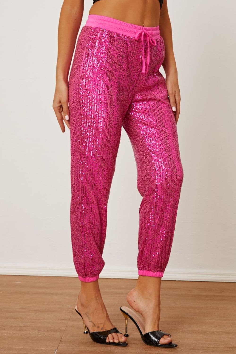 Sequin-Embellished Drawstring Trousers with Pockets