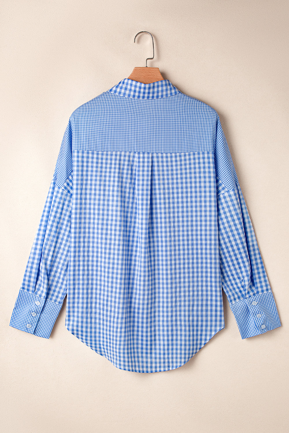 Sky blue plaid patchwork button-up shirt with long sleeves