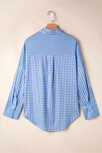 Sky blue plaid patchwork button-up shirt with long sleeves