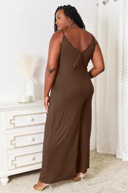 Double Take Full Size Soft Rayon Spaghetti Strap Tied Wide Leg Jumpsuit - Love Salve