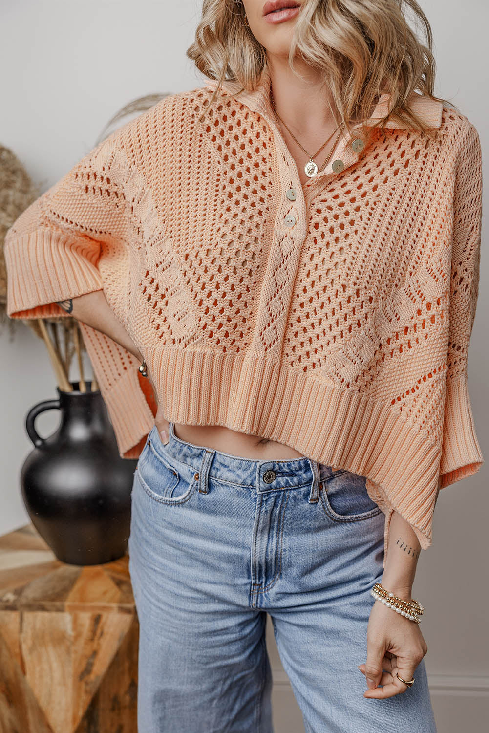 Apricot Blush Open Knit Collared Dolman Sleeve Sweater