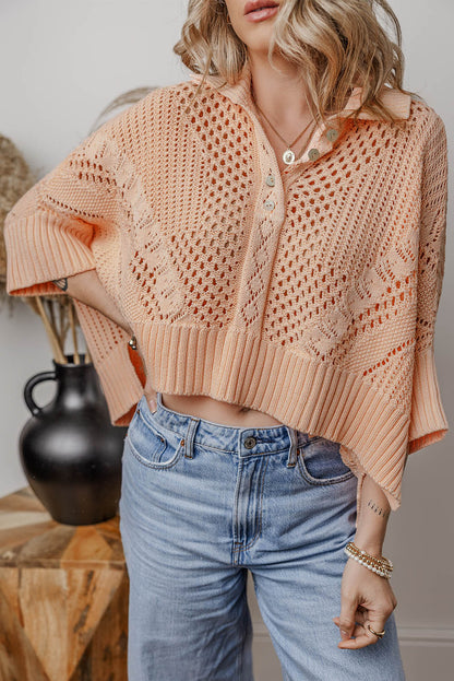 Apricot Pink Hollowed Knit 3/4 Dolman Sleeve Sweater