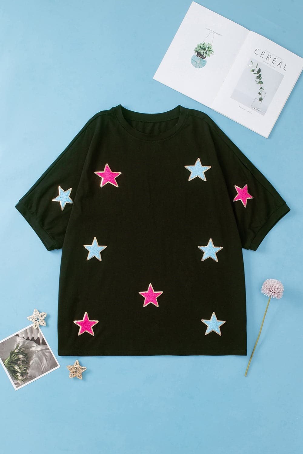 Plus Size Star Round Neck Half Sleeve T-Shirt.