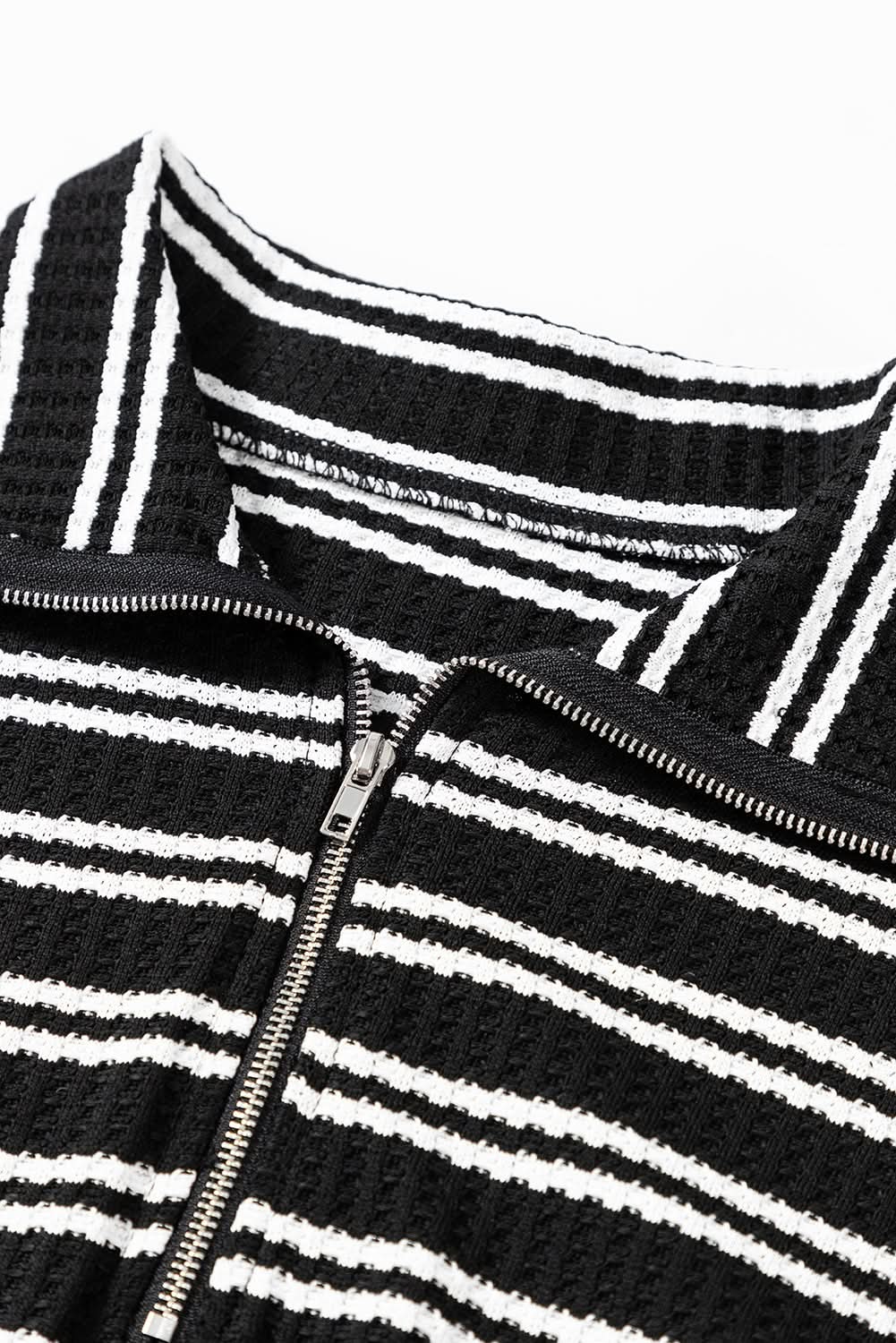 Black Stripe Textured Quarter Zip Collar Long Sleeve Top - Love Salve 