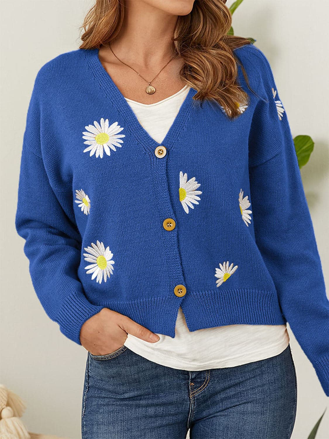 Flower Button Front Dropped Shoulder Cardigan.