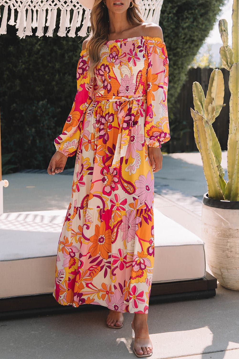 Printed Off-Shoulder Balloon Sleeve Maxi Dress.