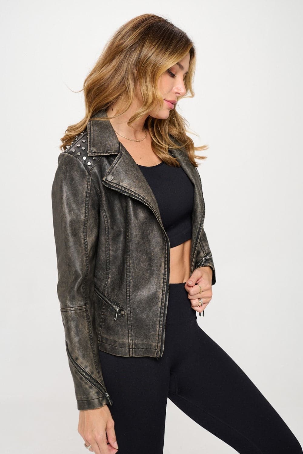 Faux leather studded moto jacket