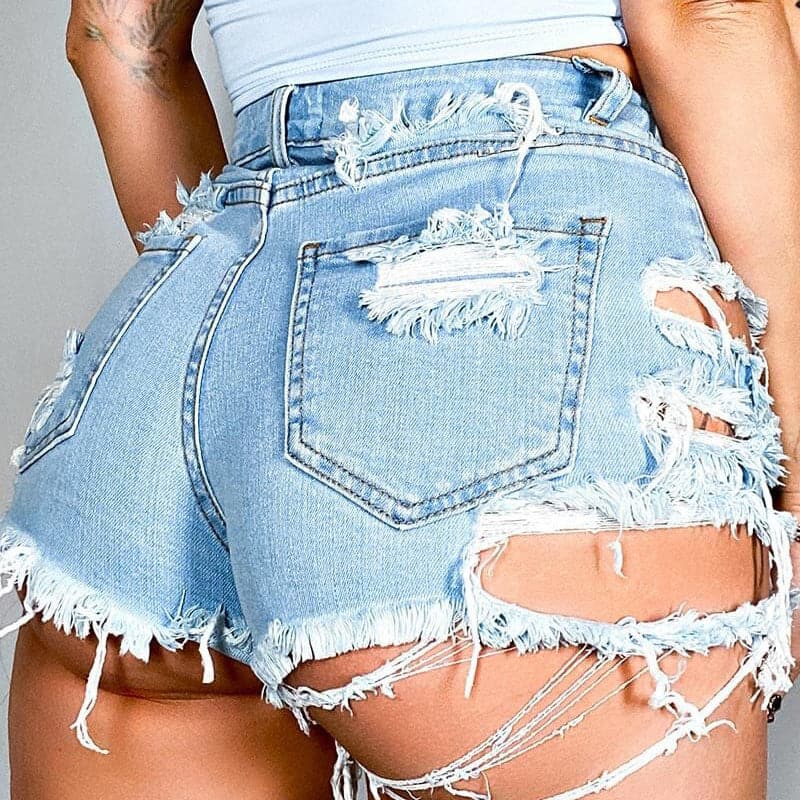 Asymmetrical Distressed Denim Shorts.