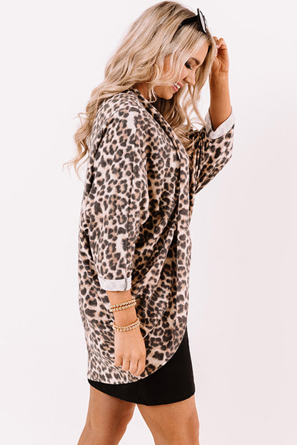 Chic khaki leopard print batwing sleeve cardigan for effortless style