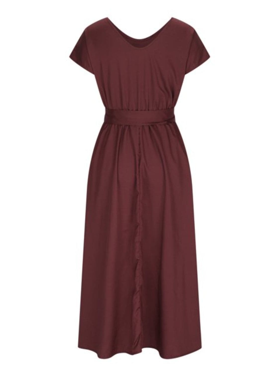 Ruched V-Neck Cap Sleeve Dress.