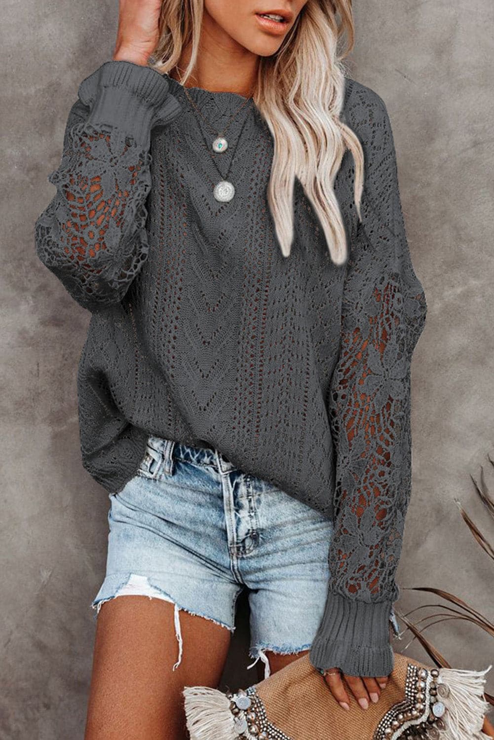 Openwork Lantern Sleeve Dropped Shoulder Sweater.