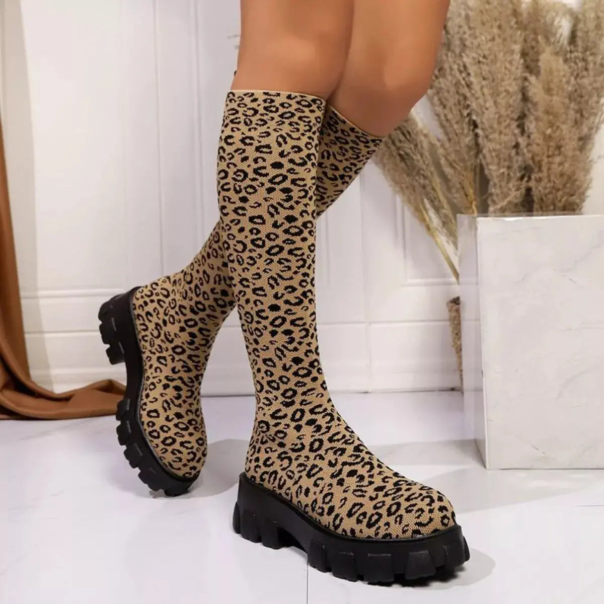 Leopard Chunky Platform Knee High Boots Simply Love