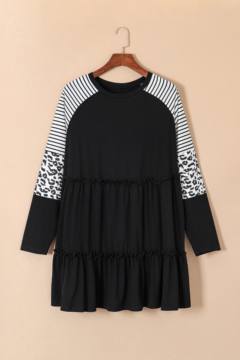 Chic black plus size ruffled dress with leopard and striped sleeves