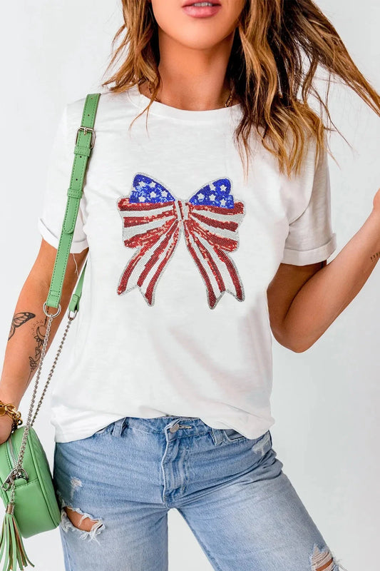 USA Flag Bow Knot Patched Crew Neck T Shirt Simply Love