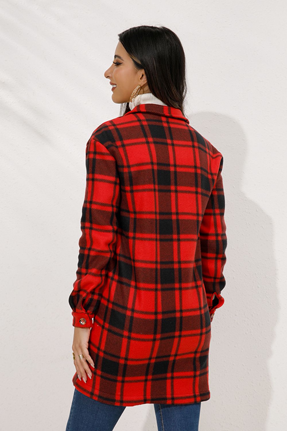 Shiny Plaid Collared Longline Coat Coco’s Tee Boutique
