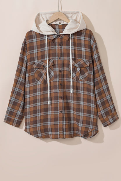 Cozy brown plaid hooded jacket for plus sizes