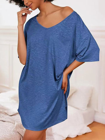 Pocketed V-Neck Short Sleeve Tee Dress.