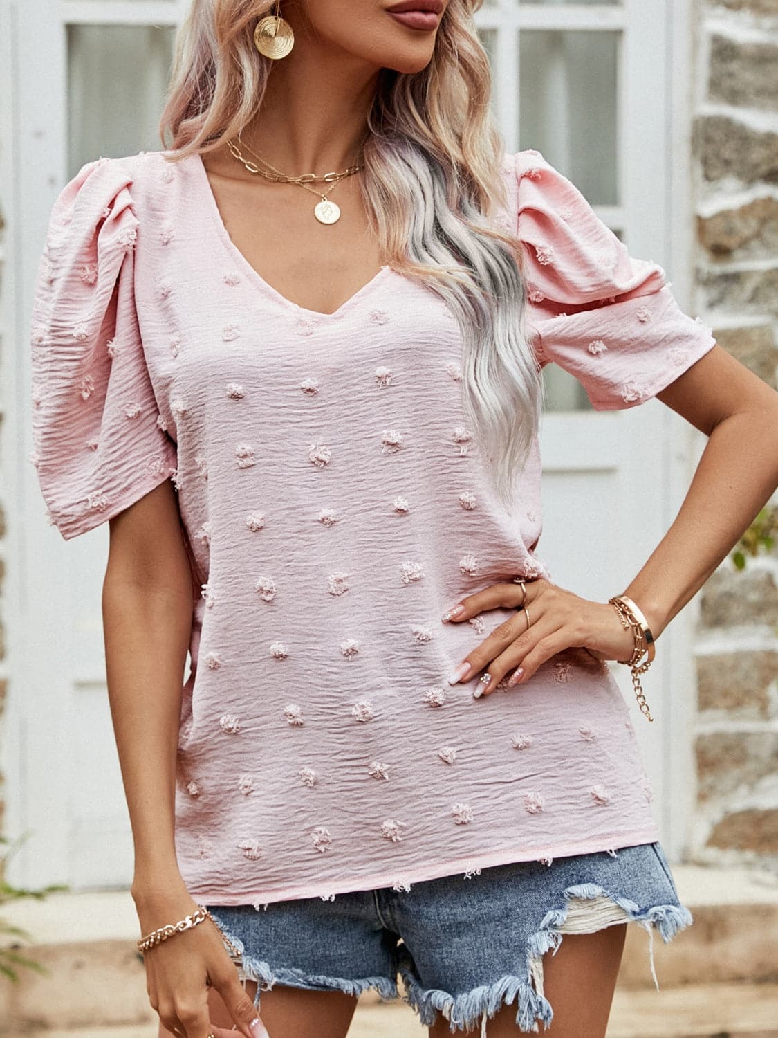 Swiss Dot Short Puff Sleeve Top.