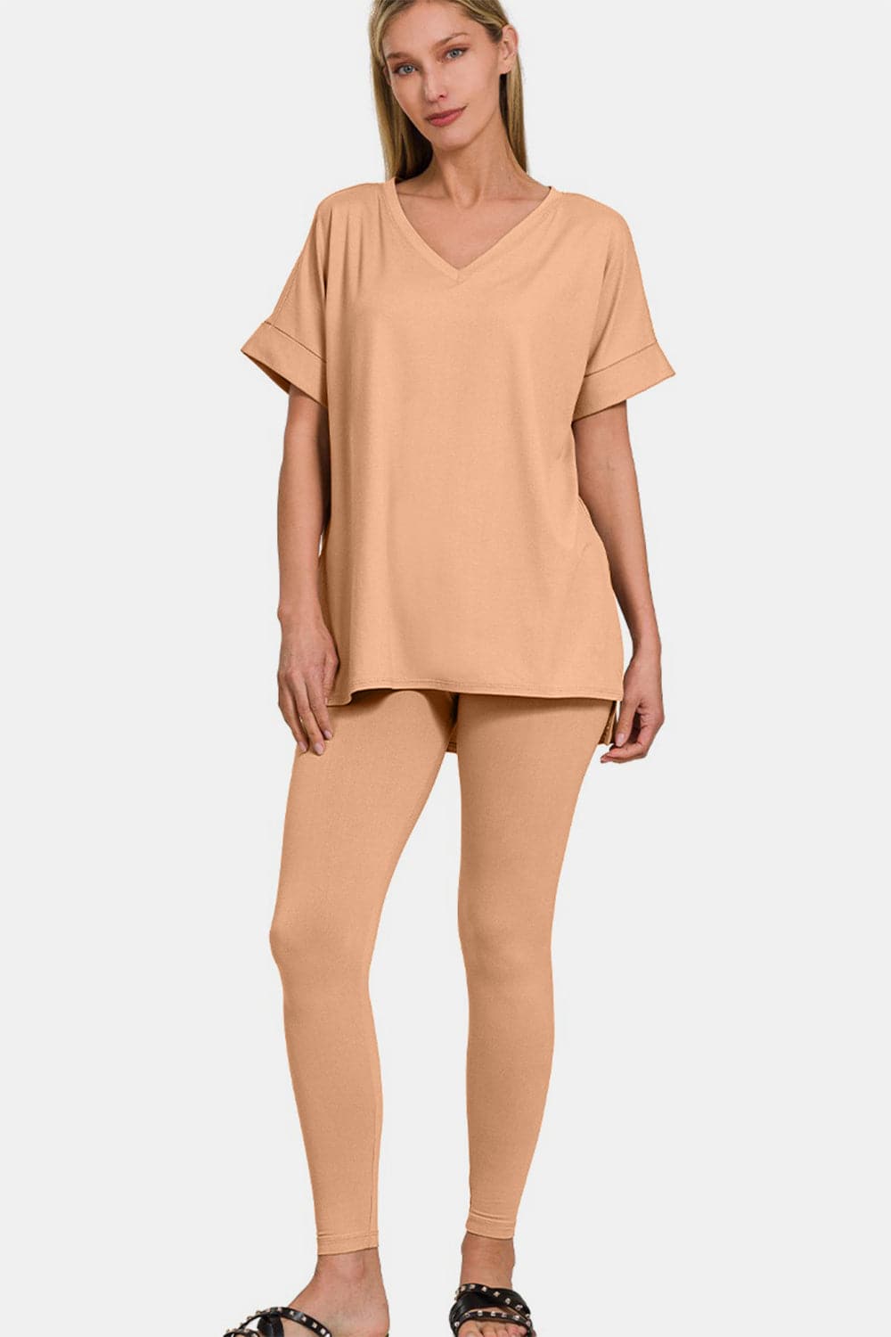 Zenana Full Size V-Neck Rolled Short Sleeve T-Shirt and Leggings Lounge Set.