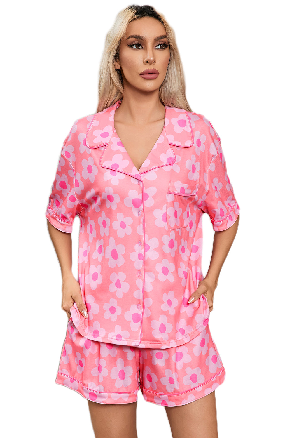 Charming pink floral short sleeve pajama set with drawstring shorts