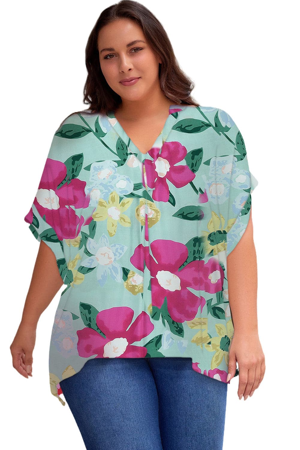 Plus Size Printed Notched Neck Half Sleeve Top.