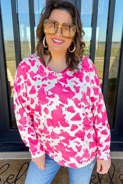 Rose leopard print plus size long sleeve top with V-neck