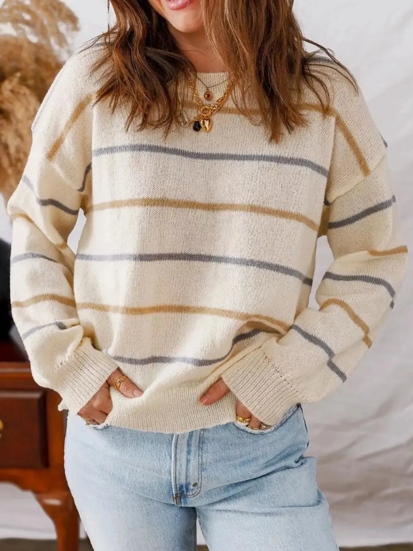 Striped Knit Round Neck Sweater Simply Love