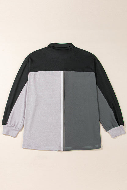 Gray colorblock oversized sweatshirt with collared neckline and button detail