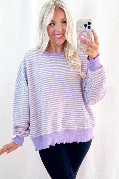 Purple Stripe Loose Drop Shoulder Long Sleeve Top