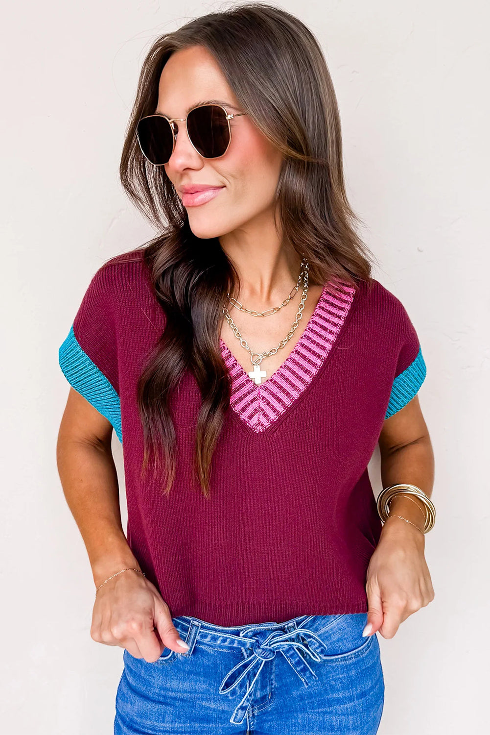 Burgundy Contrast Trim V Neck Short Sleeve Loose Sweater