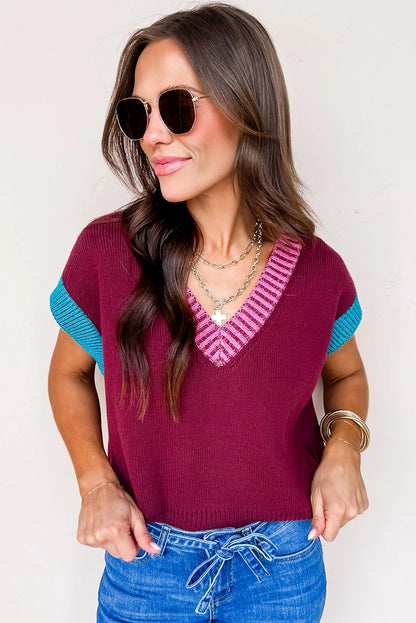 Burgundy Contrast Trim V Neck Short Sleeve Loose Sweater