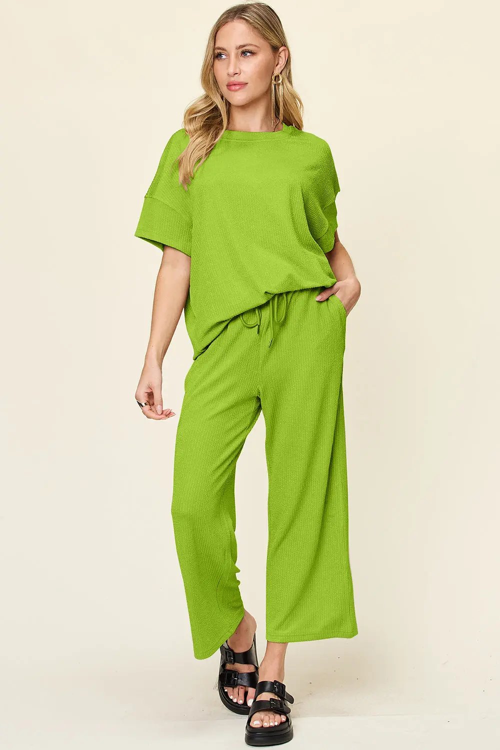 Double Take Full Size Texture Round Neck Short Sleeve T-Shirt and Wide Leg Pants - Love Salve
