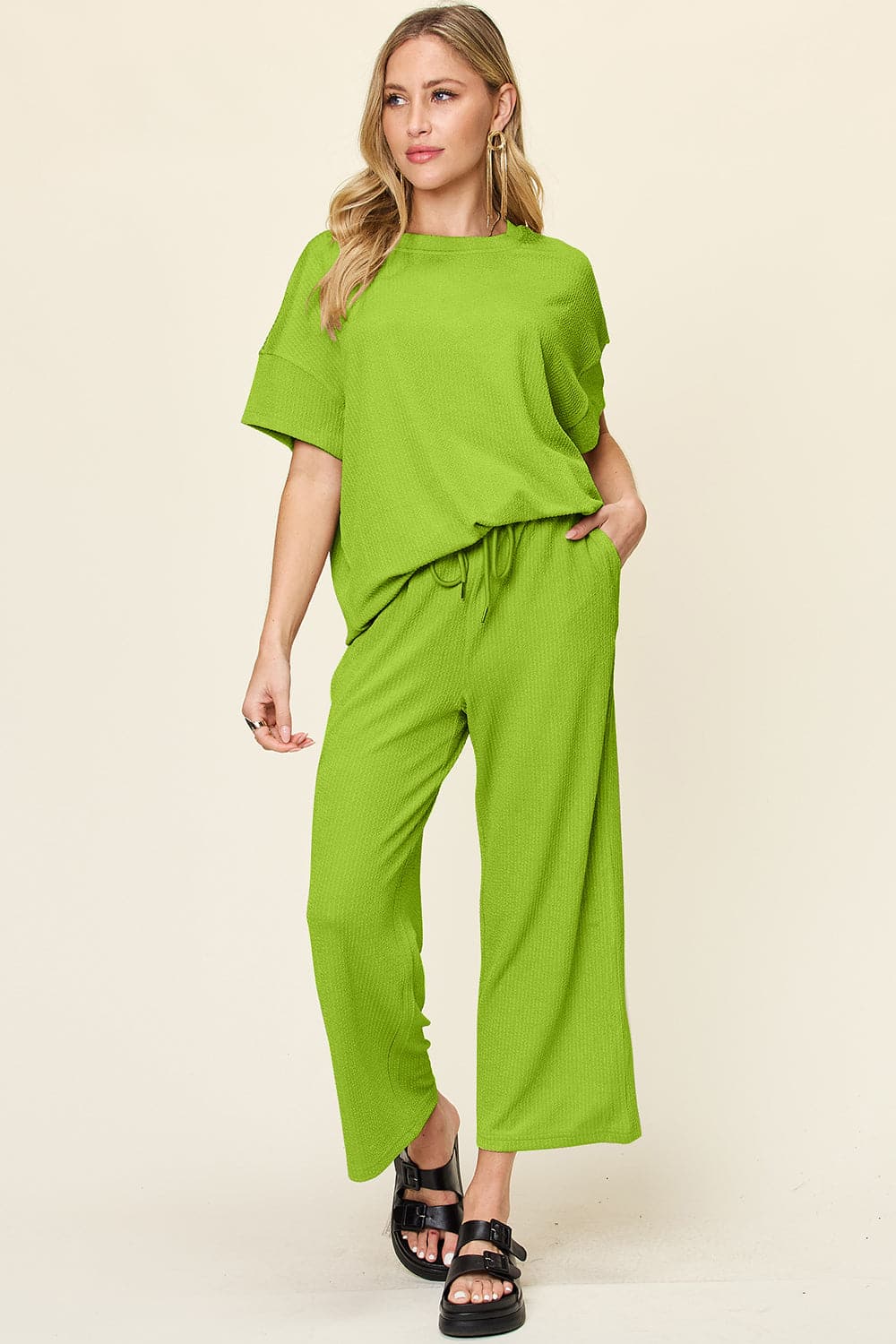 Double Take Full Size Texture Round Neck Short Sleeve T-Shirt and Wide Leg Pants.