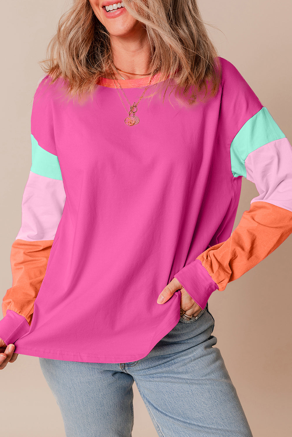 Chic rose red colorblock patchwork long sleeve top for a relaxed fit