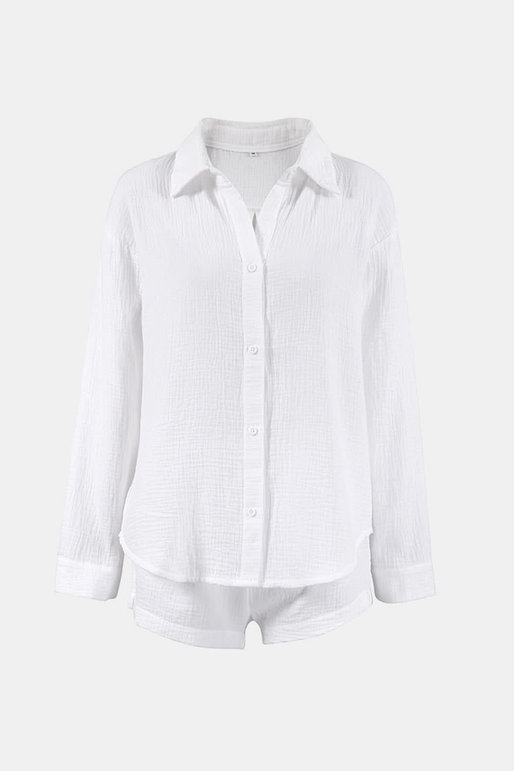 Chic Cotton Breathable Button-Up Long Sleeve Top and Shorts Ensemble